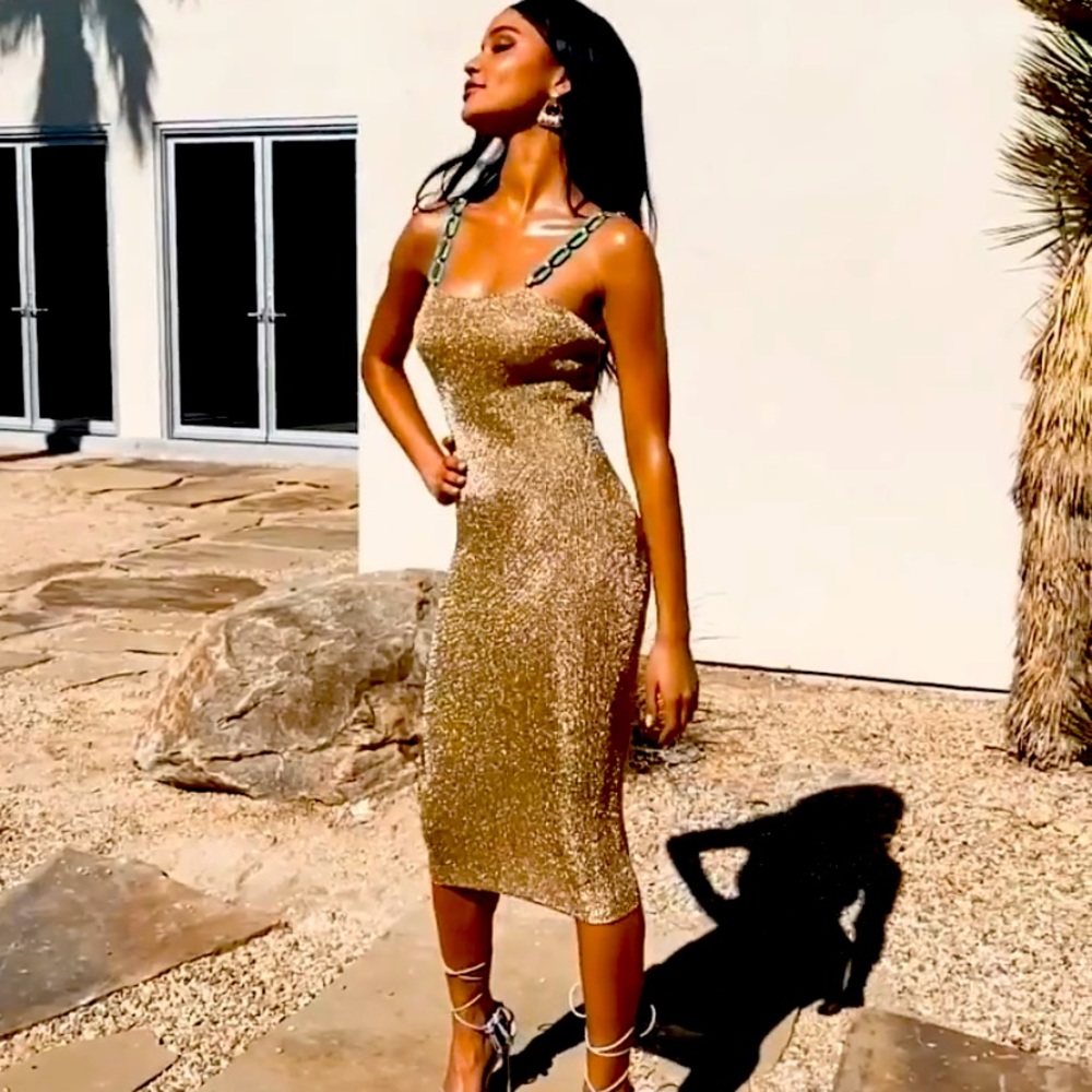 Misguided Gold tank dress with turquoise straps